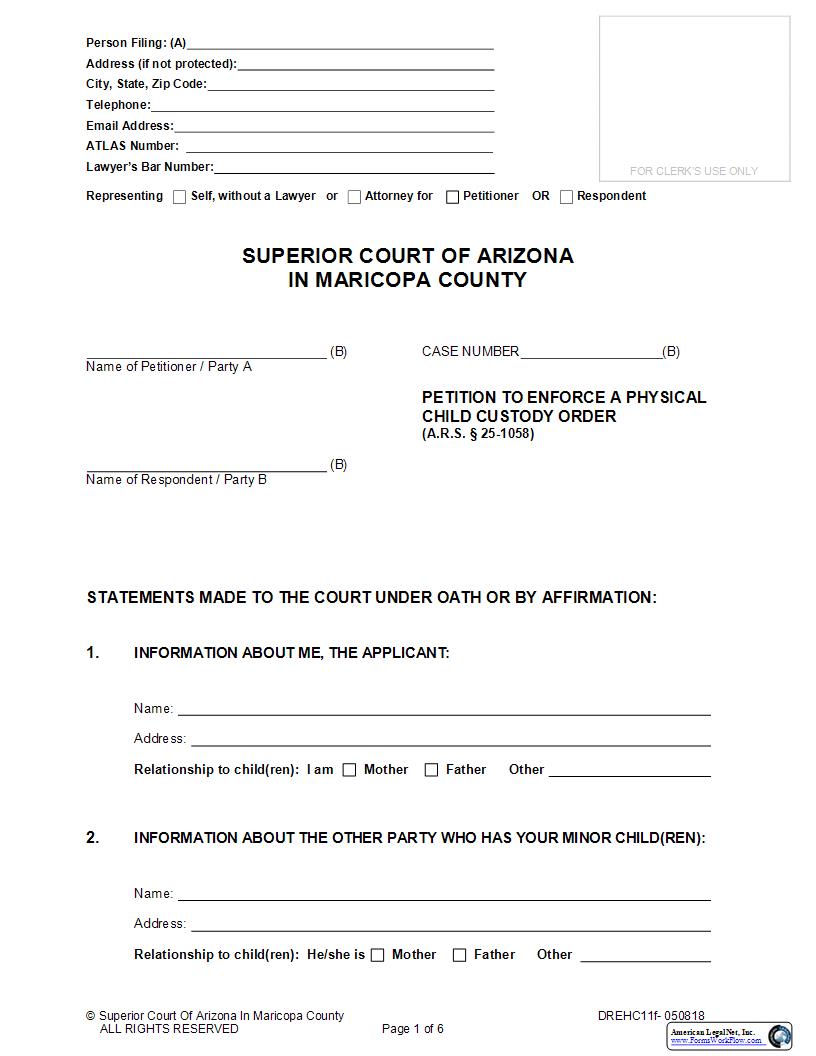 Petition To Enforce A Physical Child Custody Order {DREHC11f} | Pdf Fpdf Doc Docx | Arizona