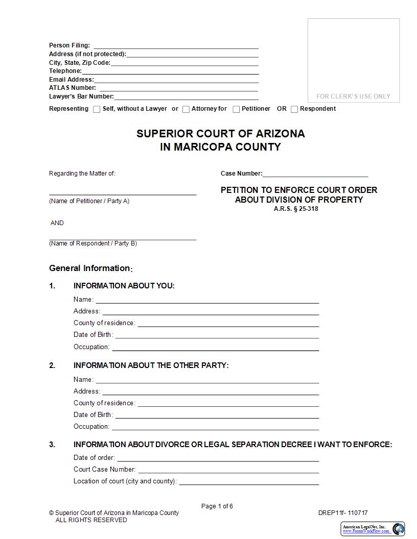 Petition To Enforce Court Order About Division Of Property {DREP11f} | Pdf Fpdf Doc Docx | Arizona