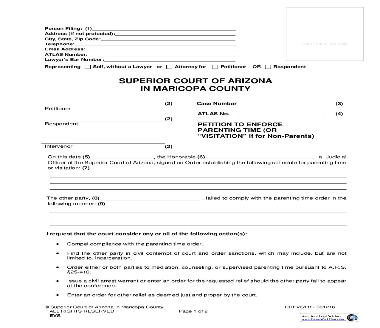 Petition To Enforce Parenting Time Or Visitation (Expedited Process) {DREVS11f} | Pdf Fpdf Doc Docx | Arizona