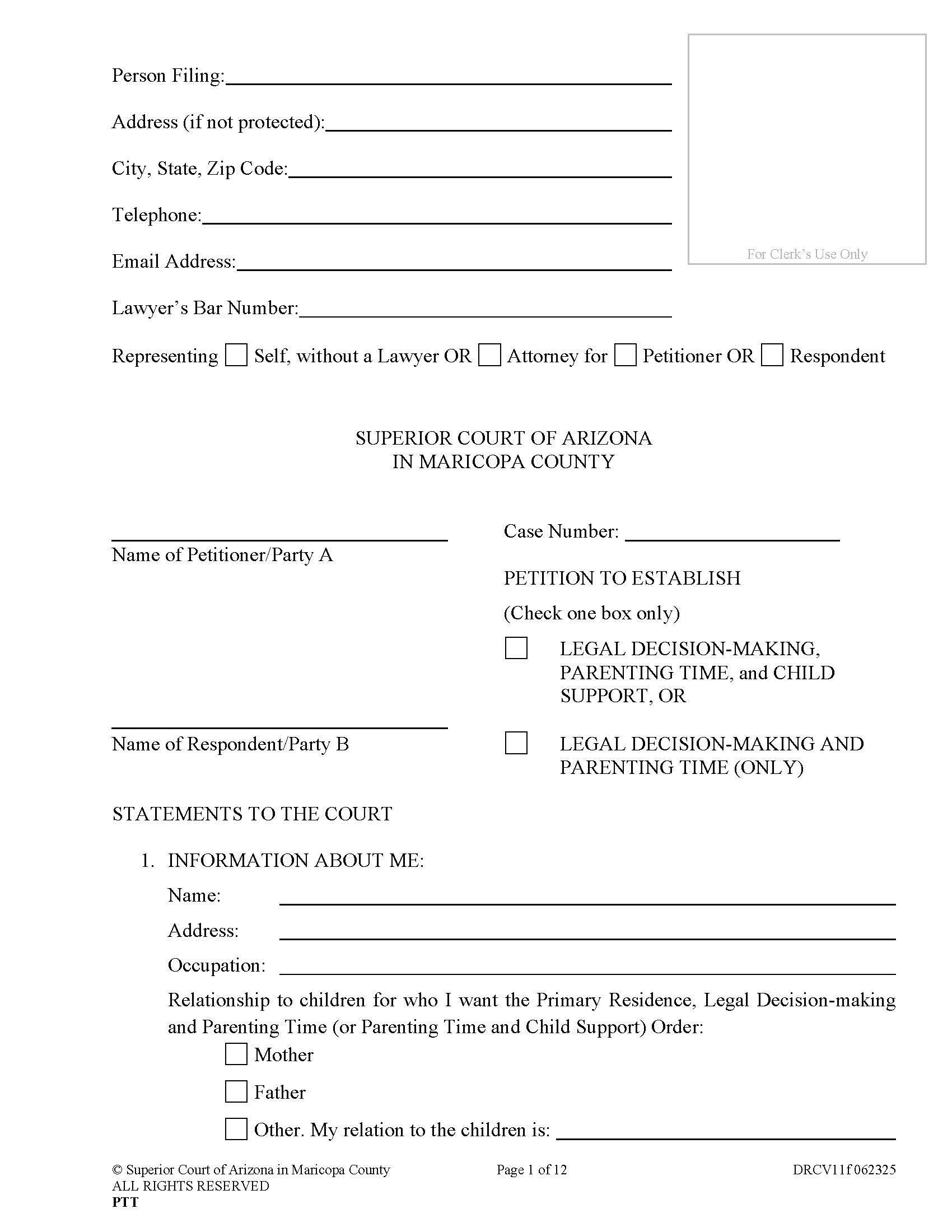 Petition To Establish Child Custody Parenting Time DRCV11f} | Pdf Fpdf Docx | Arizona