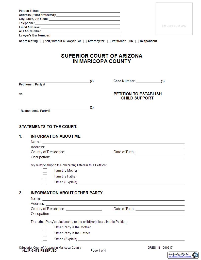 Petition To Establish Child Support {DRES11f} | Pdf Fpdf Doc Docx | Arizona