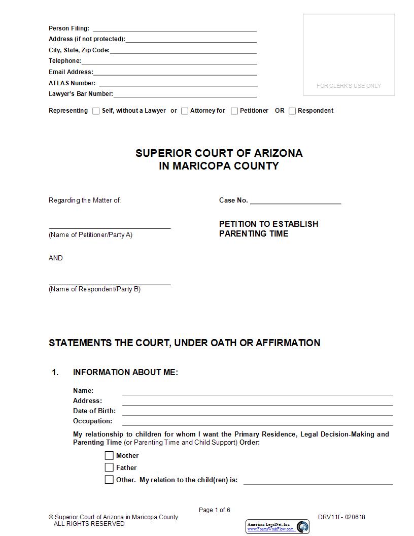 Petition To Establish Parenting Time {DRV11f} | Pdf Fpdf Docx | Arizona