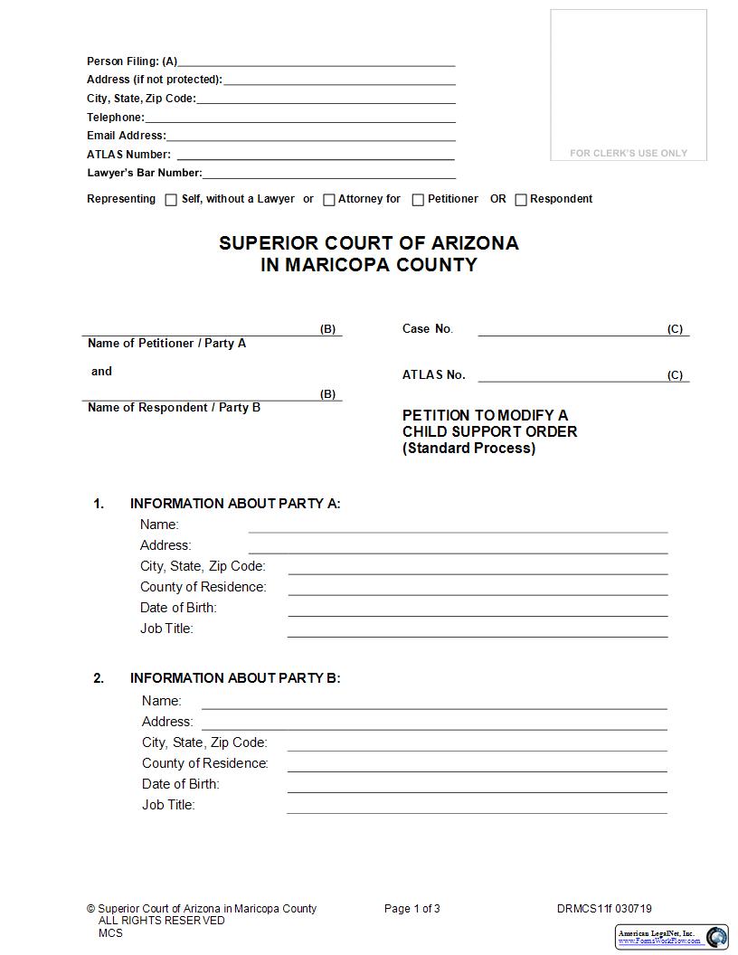 Petition To Modify A Child Support Order (Standard Process) {DRMCS11f} | Pdf Fpdf Doc Docx | Arizona