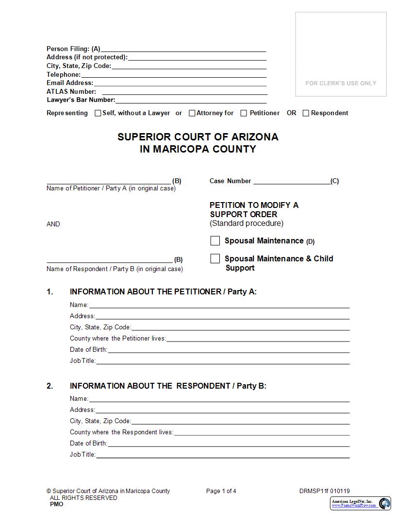 Petition To Modify A Support Order (Standard Procedure) Child Support Or Spousal Maintenance {DRMSP11f} | Pdf Fpdf Doc Docx | Arizona