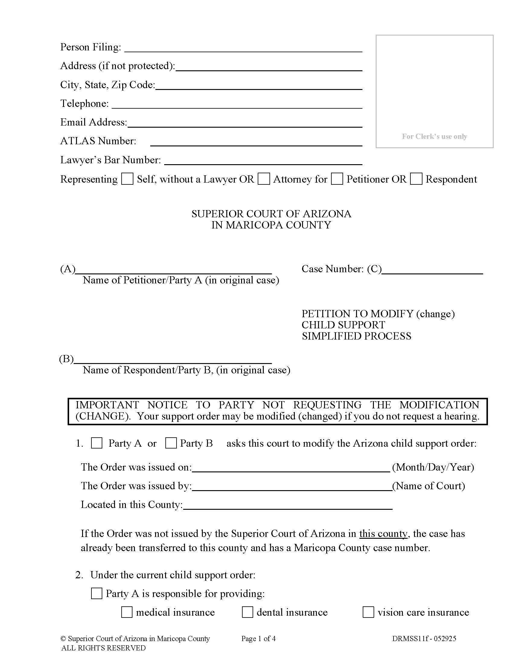 Petition To Modify Child Support (Simplified Process) {DRMSS11f} | Pdf Fpdf Doc Docx | Arizona
