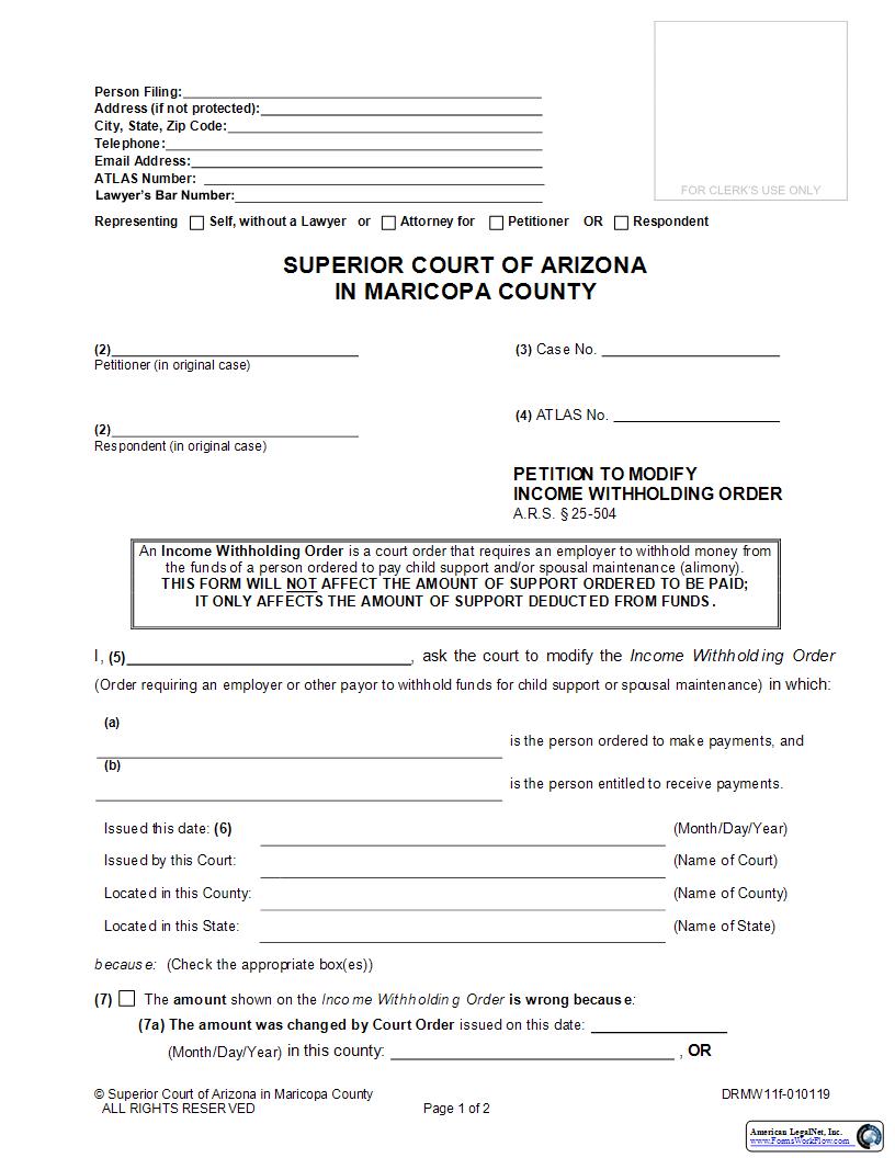 Petition To Modify Income Withholding Order {DRMW11f} | Pdf Fpdf Doc Docx | Arizona
