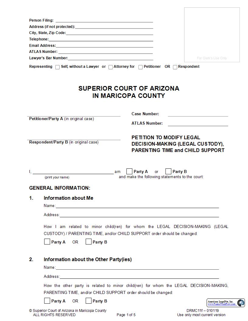 Petition To Modify Legal Decision Making Custody Parenting Time And Child Support {DRMC11f} | Pdf Fpdf Doc Docx | Arizona