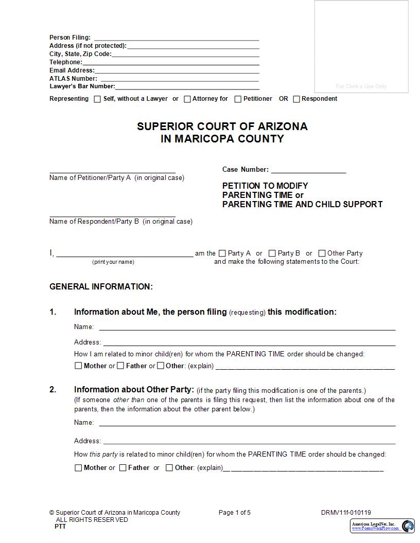 Petition To Modify Parenting Time And Child Support {DRMV11f} | Pdf Fpdf Doc Docx | Arizona