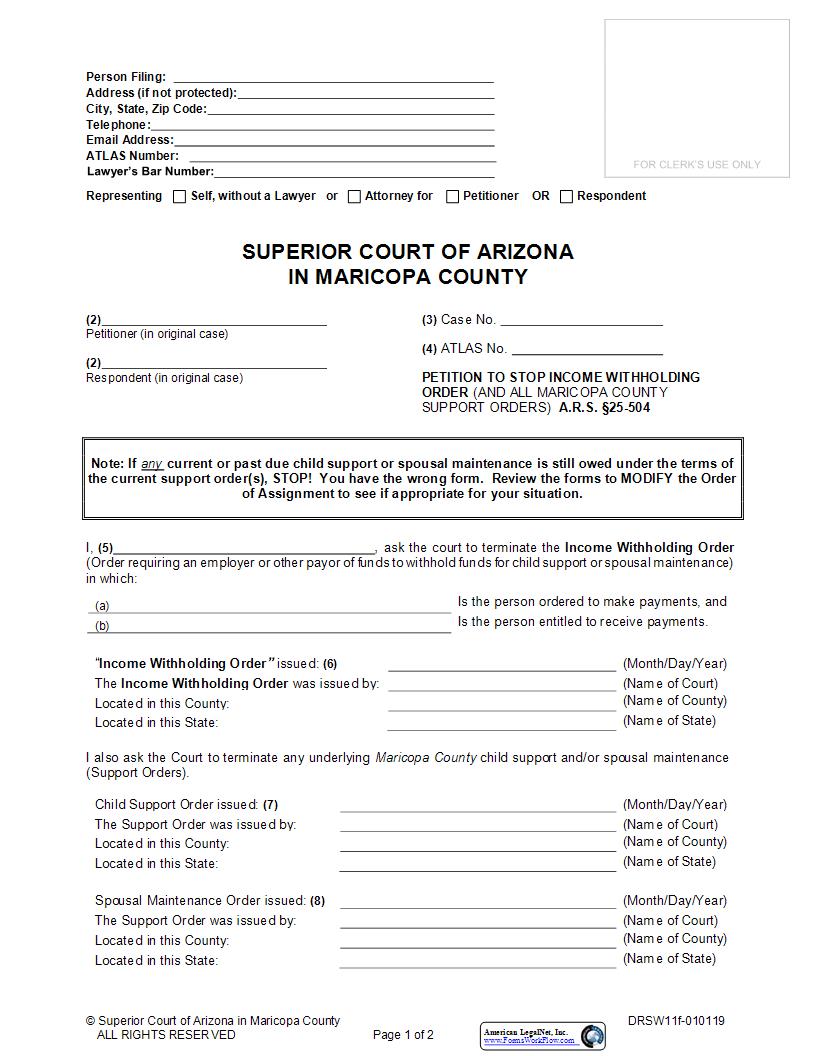 Petition To Stop Income Withholding Order {DRSW11f} | Pdf Fpdf Doc Docx | Arizona