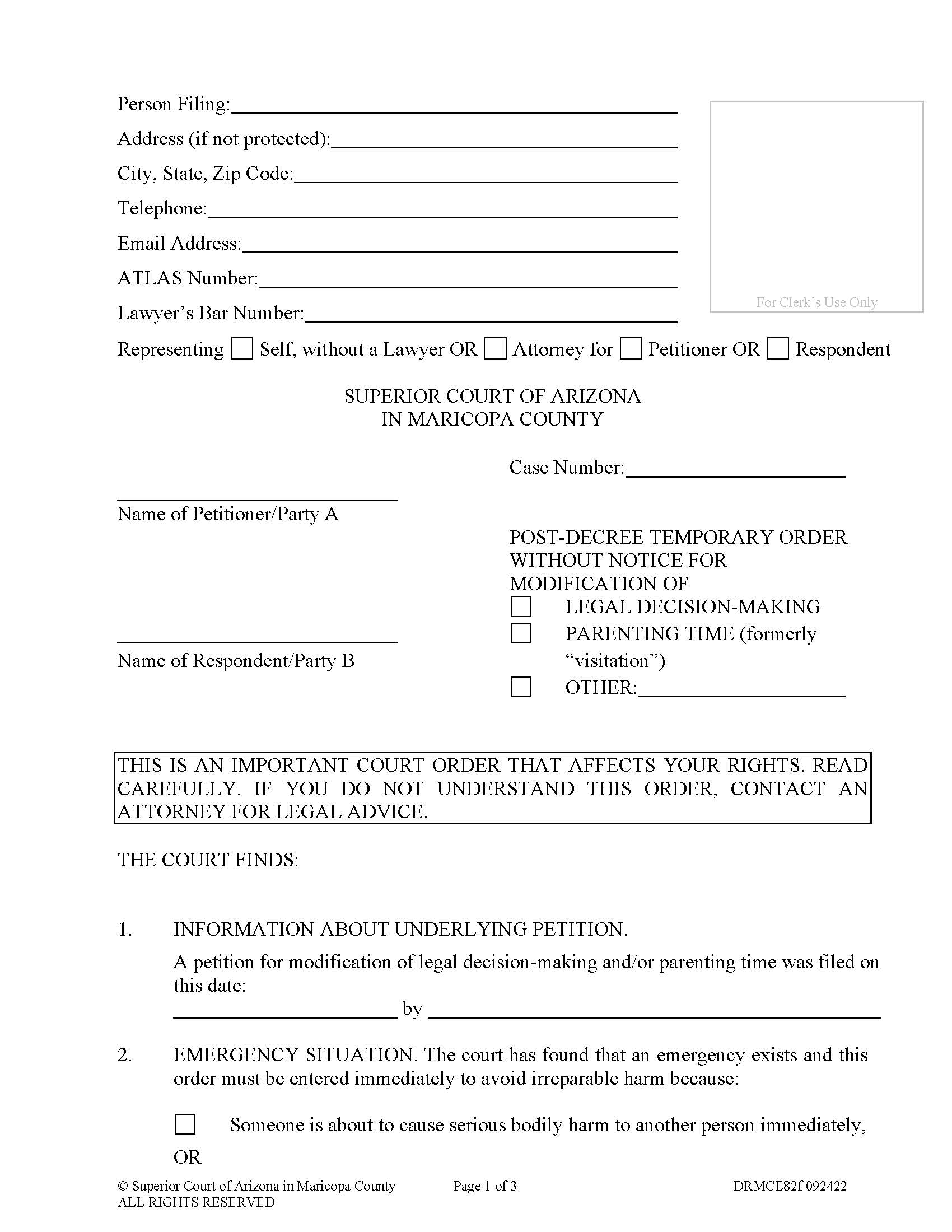 Post Decree Temporary Order Without Notice Modification Of Custody Time {DRMCE82f} | Pdf Fpdf Doc Docx | Arizona