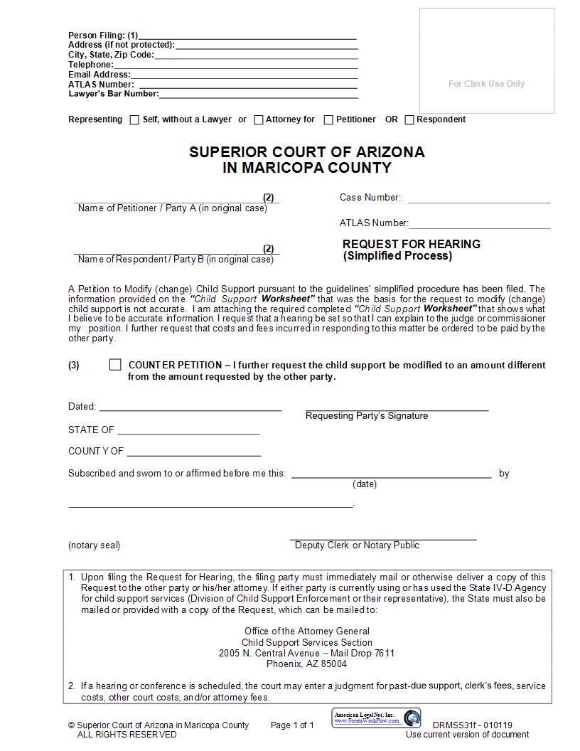 Request For Hearing (Simplified Process) {DRMSS31f} | Pdf Fpdf Doc Docx | Arizona