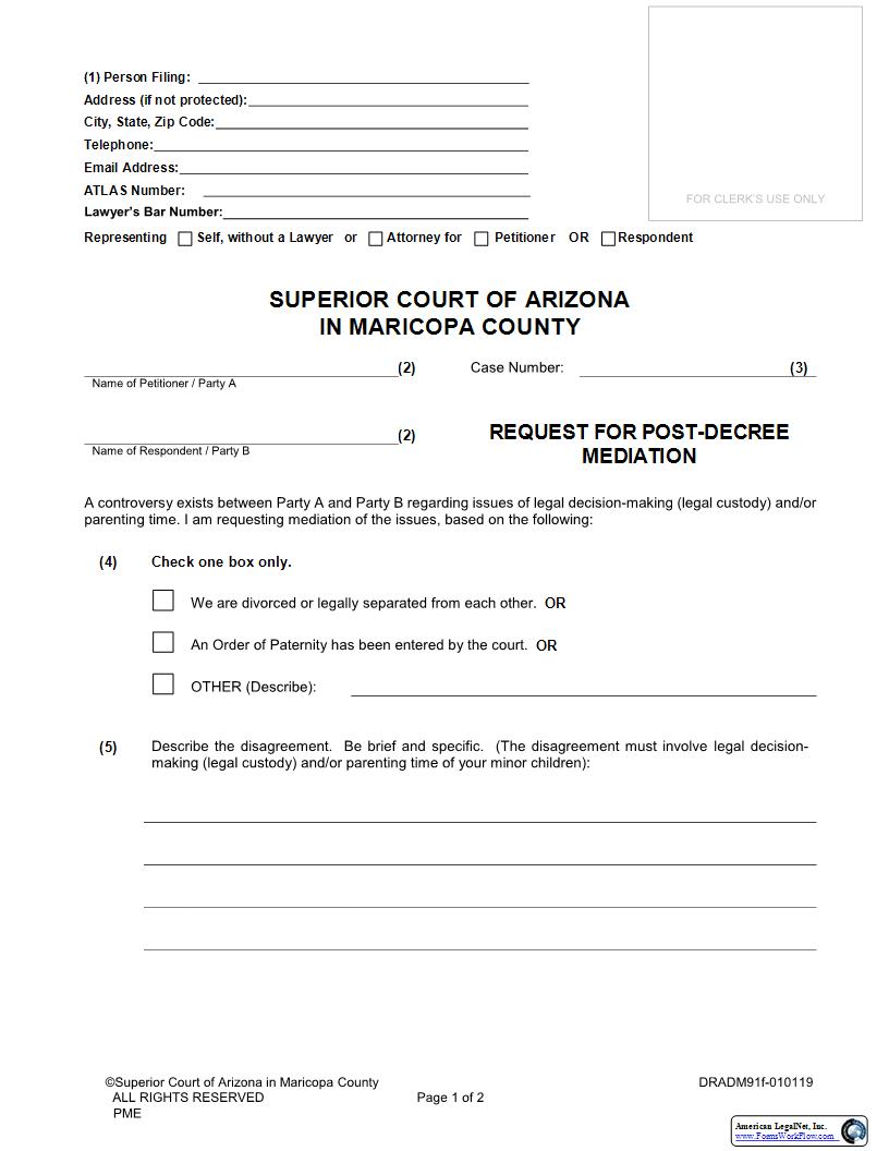 Request For Post Decree Mediation {DRADM91f} | Pdf Fpdf Docx | Arizona