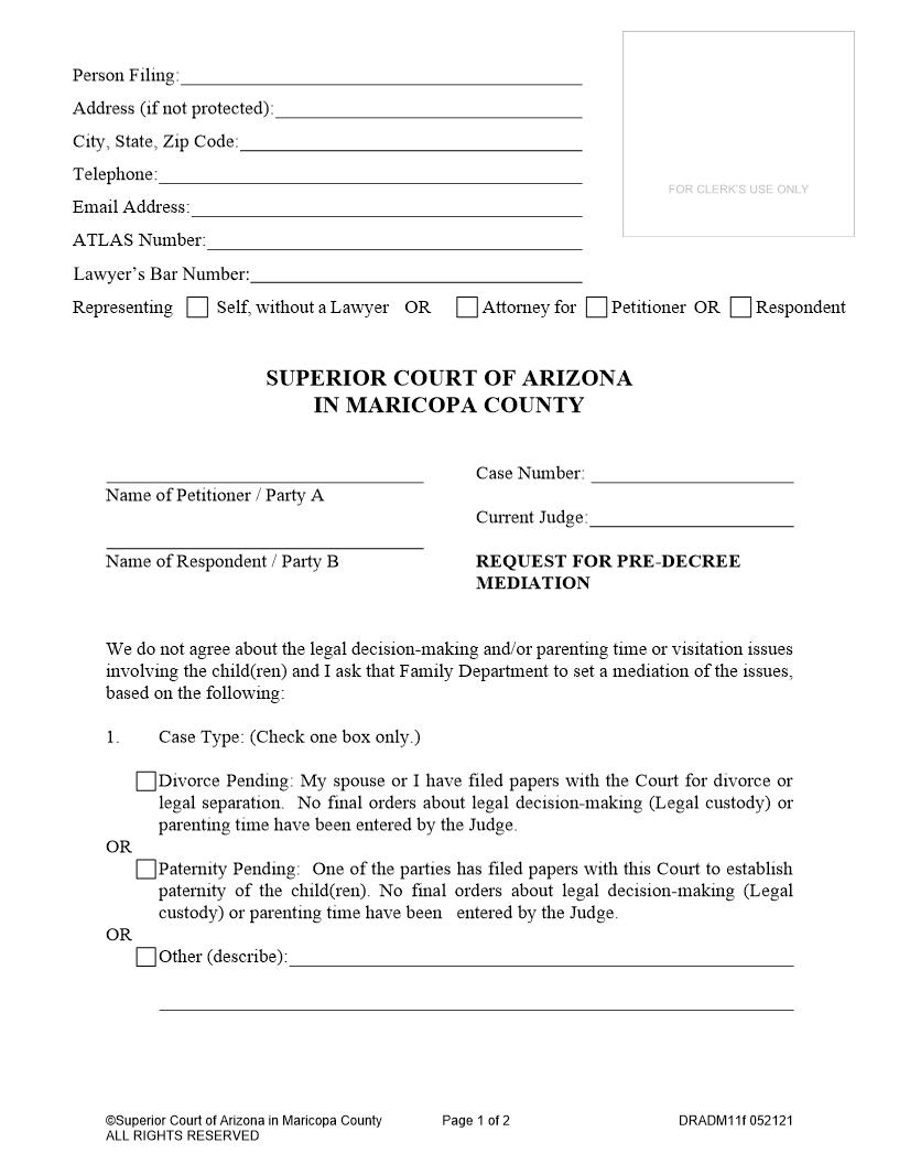 Request For Pre-Decree Mediation {DRADM11f} | Pdf Fpdf Doc Docx | Arizona