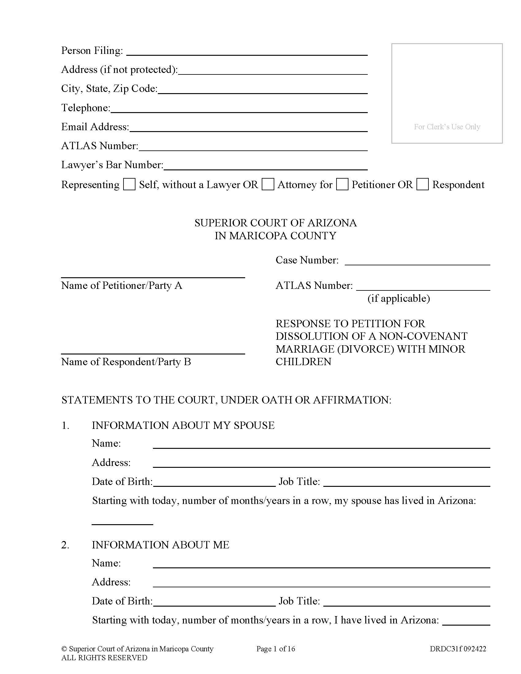 Response To Petition Dissolution Non Covenant Marriage With Children {DRDC31f} | Pdf Fpdf Docx | Arizona