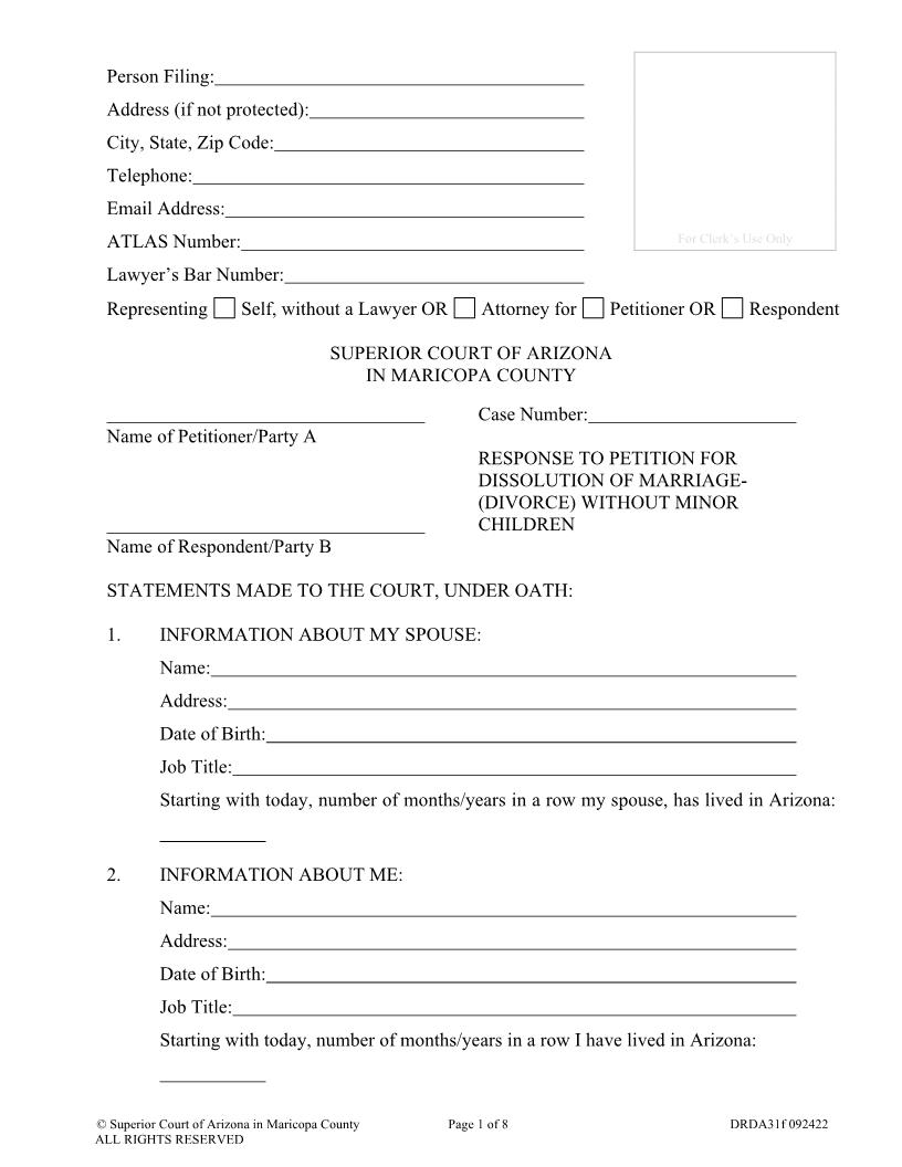 Response To Petition For Dissolution Of Marriage Without Children {DRDA31f} | Pdf Fpdf Docx | Arizona