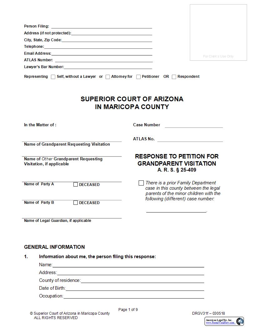 Response To Petition For Grandparent Visitation {DRGV31f} | Pdf Fpdf Doc Docx | Arizona
