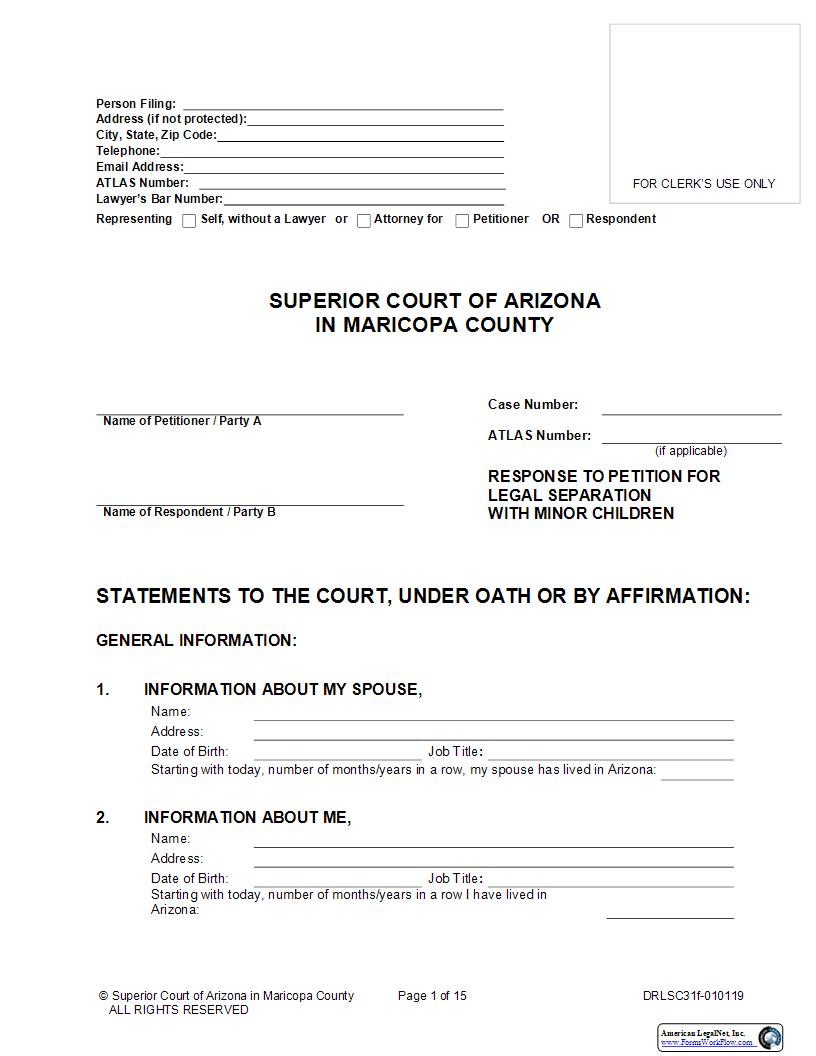 Response To Petition For Legal Separation With Children {DRLSC31f} | Pdf Fpdf Docx | Arizona