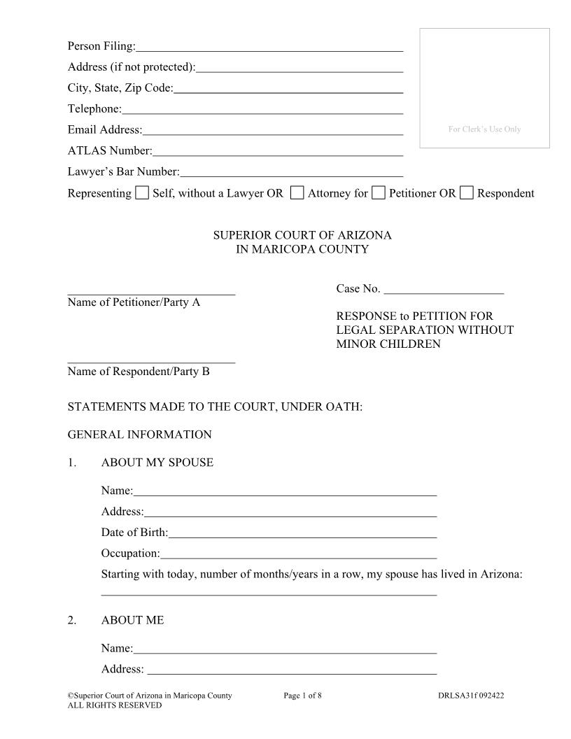 Response To Petition For Legal Separation Without Minor Children {DRLSA31f} | Pdf Fpdf Docx | Arizona