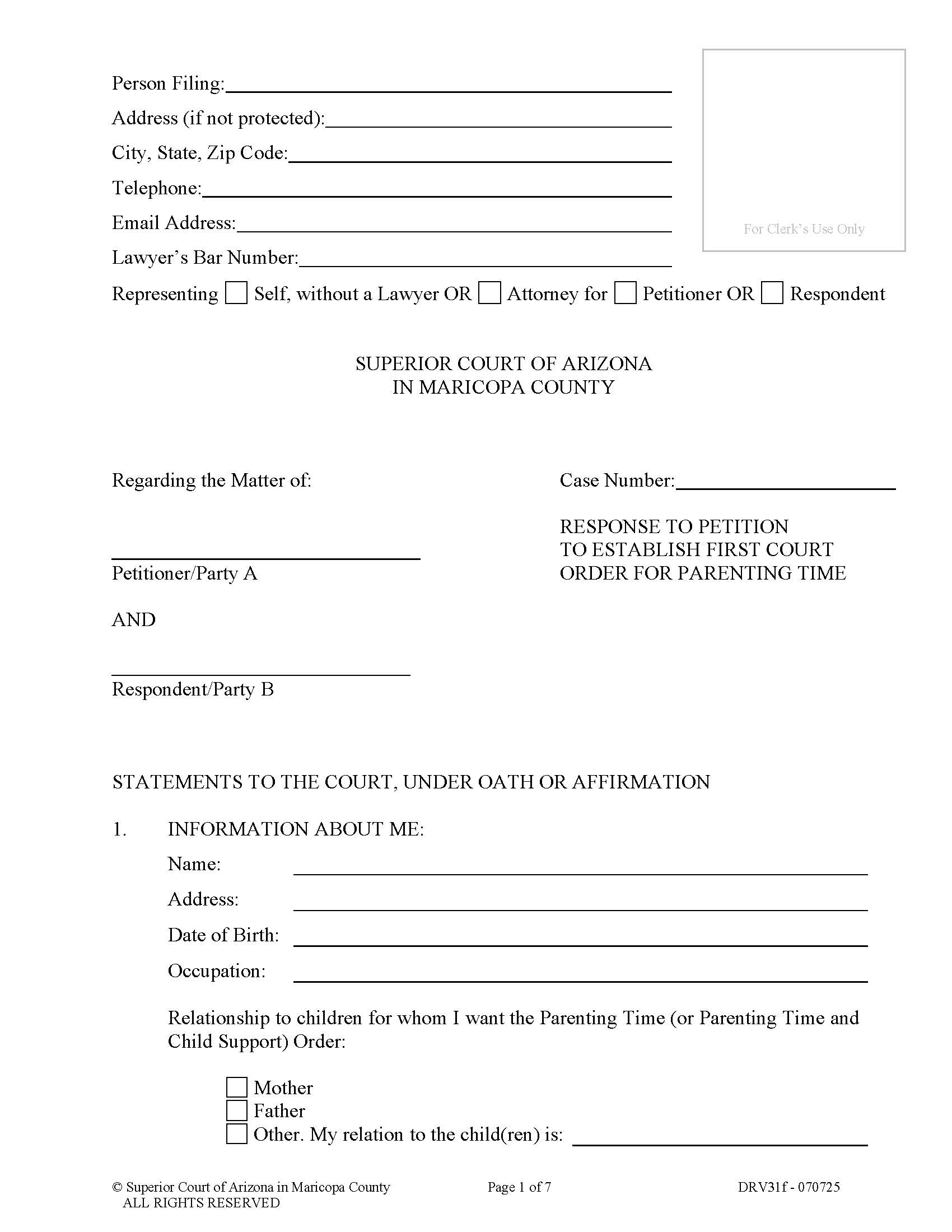 Response To Petition To Establish First Court Order For Parenting Time {DRV31f} | Pdf Fpdf Docx | Arizona