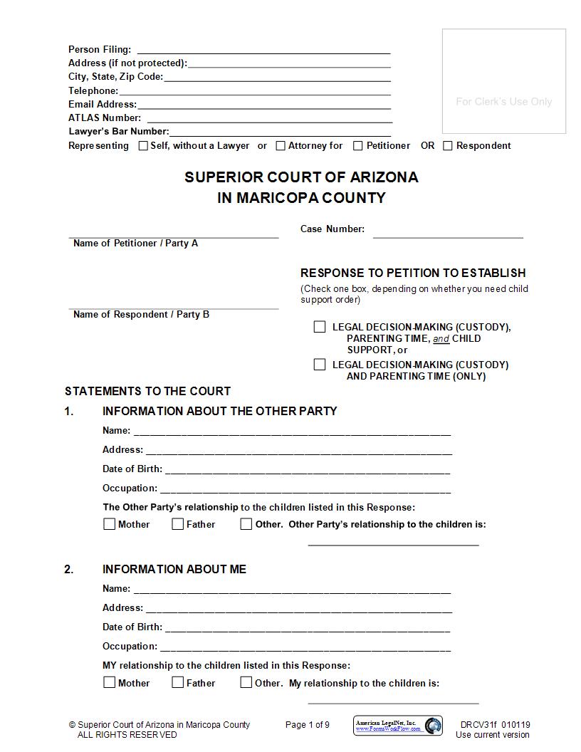 Response To Petition To Establish Legal Decision Making Custody Parenting Time Child Support {DRCV31f} | Pdf Fpdf Docx | Arizona