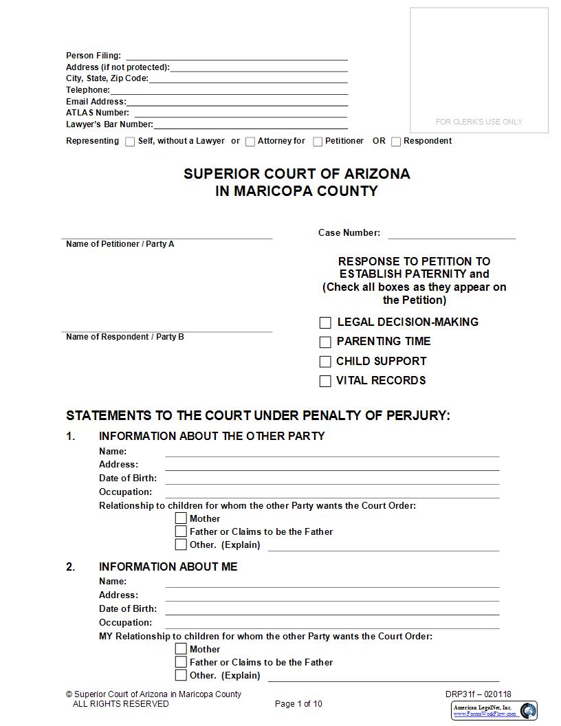 Response To Petition To Establish Paternity Legal Decision Making Parenting {DRP31f} | Pdf Fpdf Docx | Arizona
