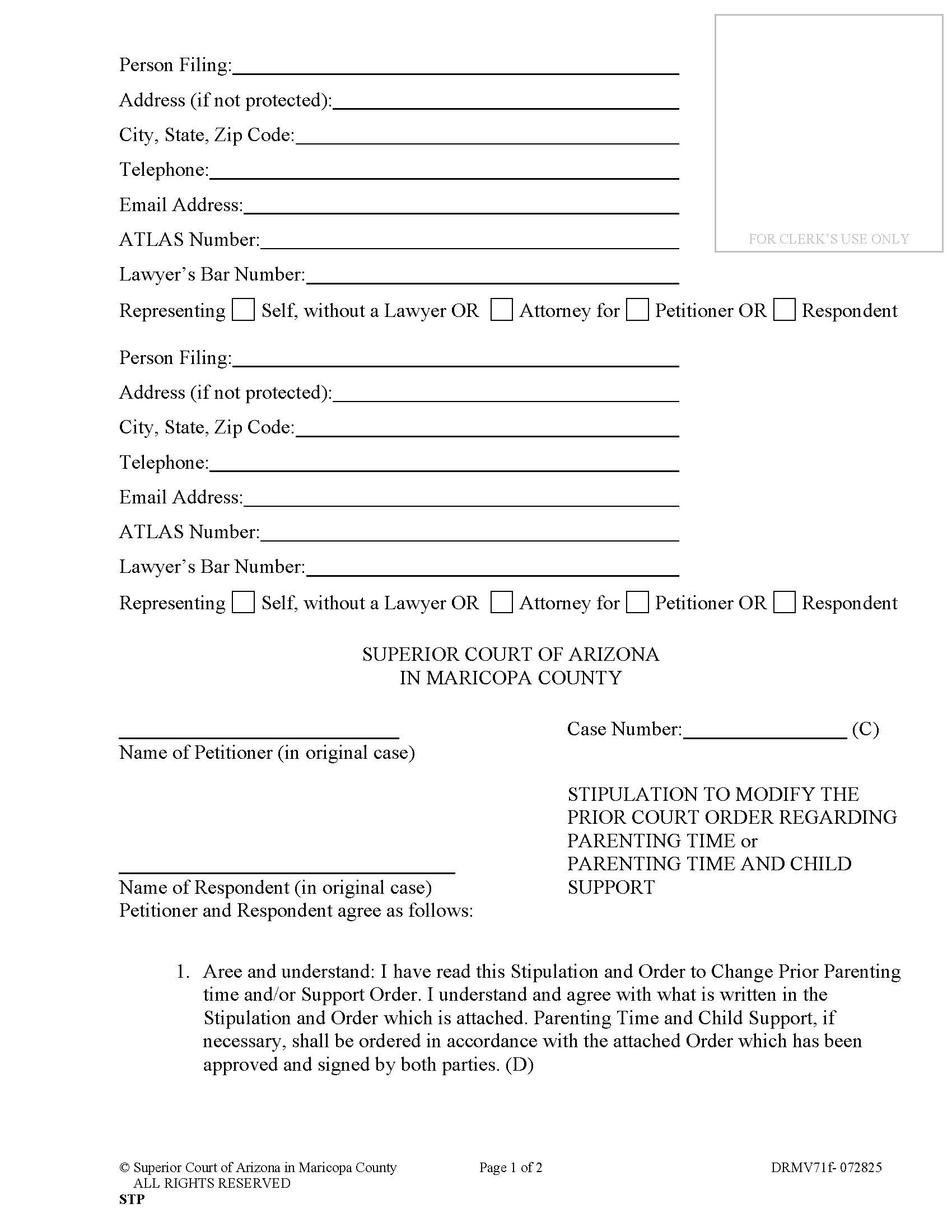 Stipulation To Modify Prior Court Order Regarding Parenting Time And Child Support {DRMV71f} | Pdf Fpdf Doc Docx | Arizona