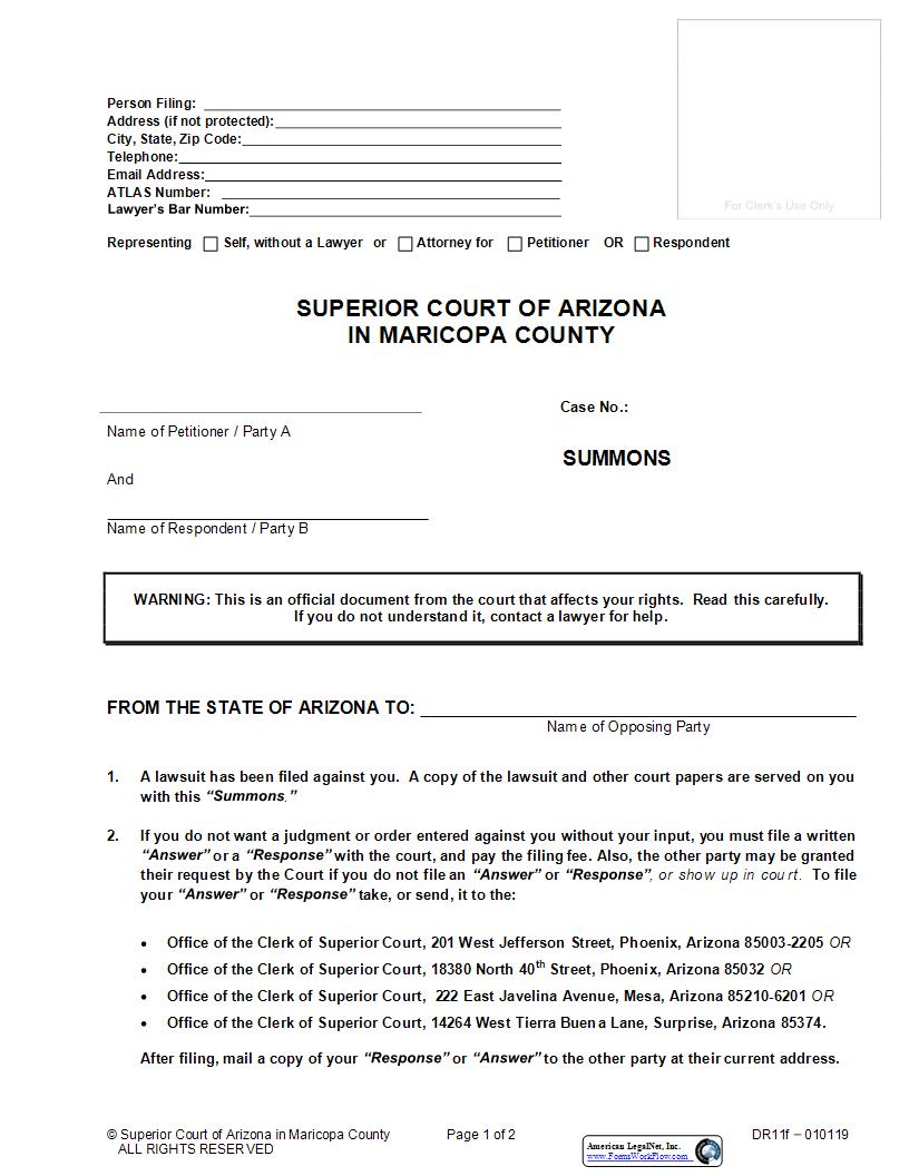 Summons {DR11f} | Pdf Fpdf Docx | Arizona