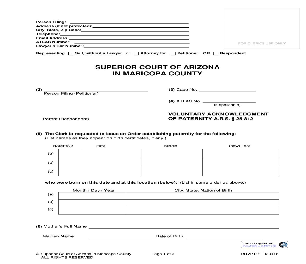 Voluntary Acknowledgment Of Paternity {DRVP11f} | Pdf Fpdf Doc Docx | Arizona