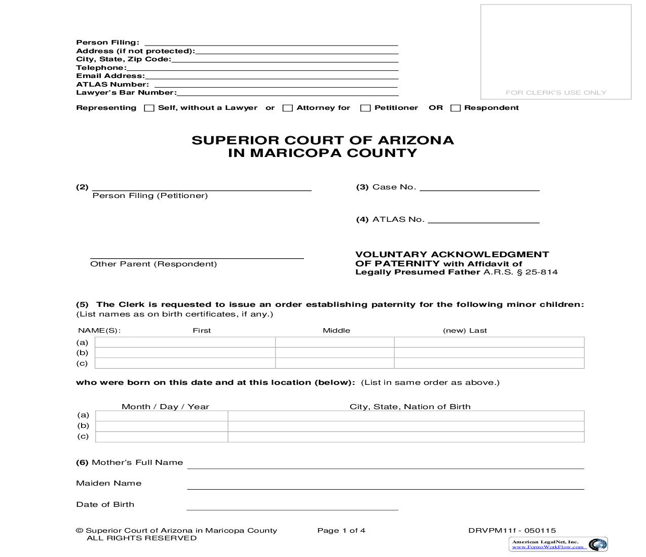 Voluntary Acknowledgment Of Paternity With Affidavit Of Legally Presumed Father {DRVPM11f} | Pdf Fpdf Doc Docx | Arizona