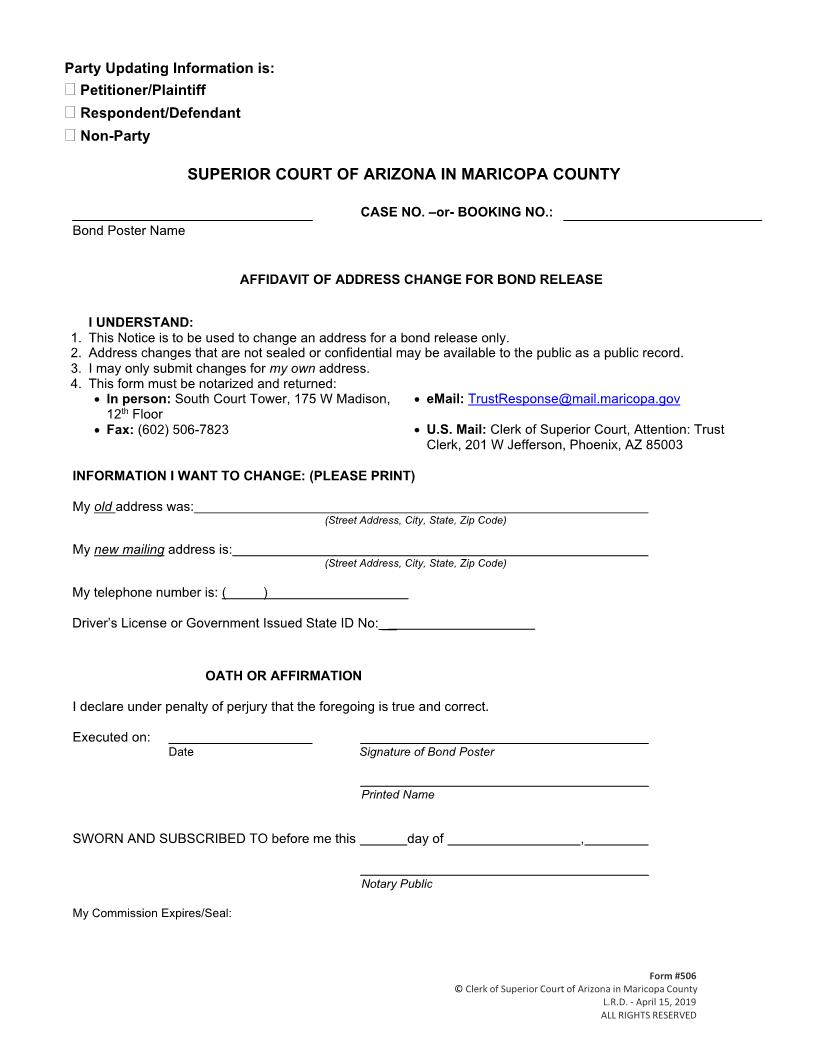 Affidavit Of Address Change For Bond Release {506} | Pdf Fpdf Doc Docx | Arizona