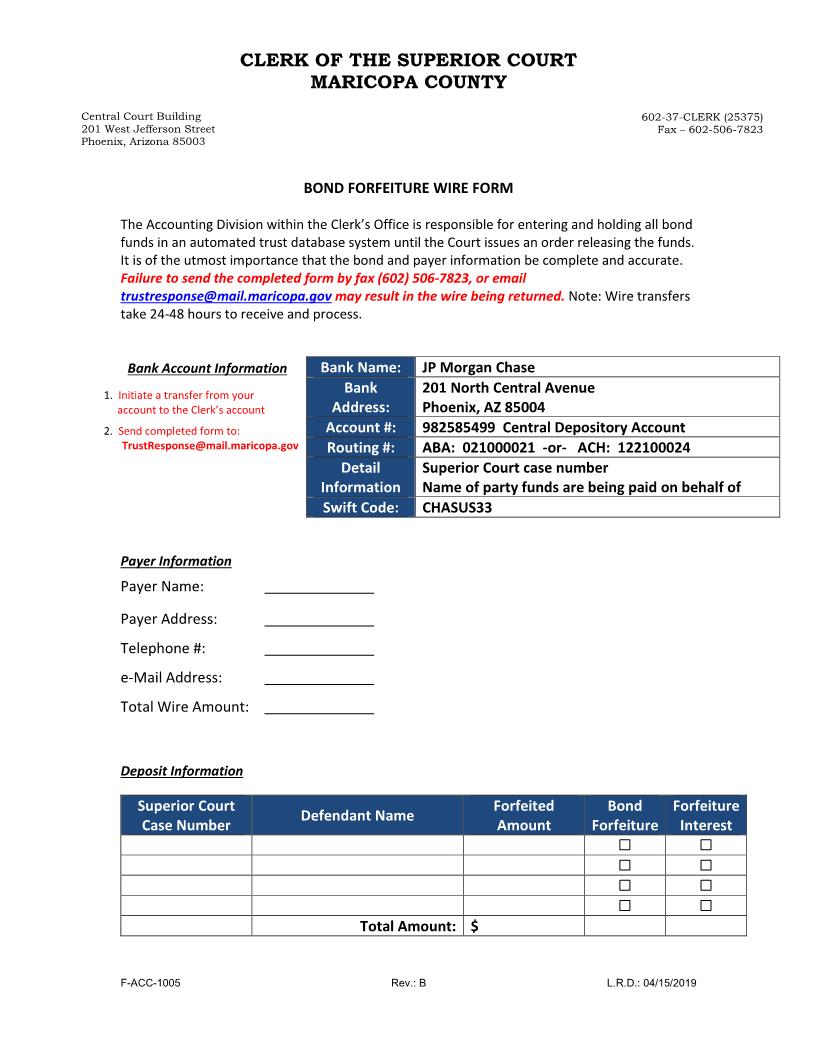 Bond Forfeiture Wire Form | Pdf Fpdf Doc Docx | Arizona