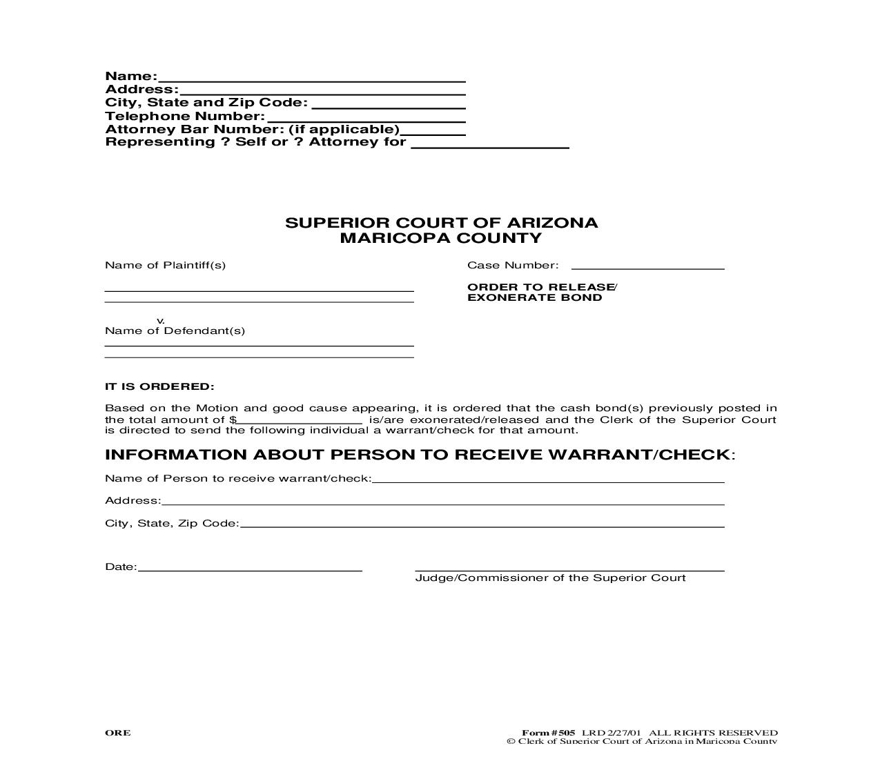 Order To Release-Exonerate Bond {505} | Pdf Fpdf Doc Docx | Arizona
