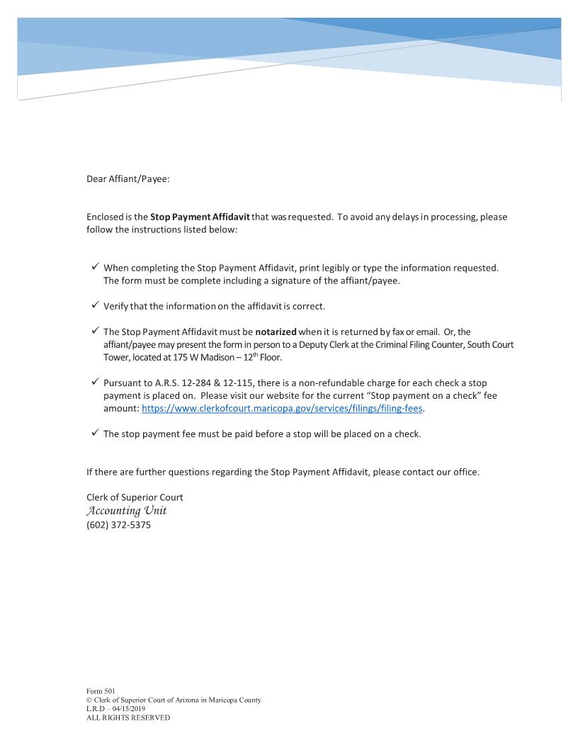 Stop Payment Affidavit {501} | Pdf Fpdf Doc Docx | Arizona