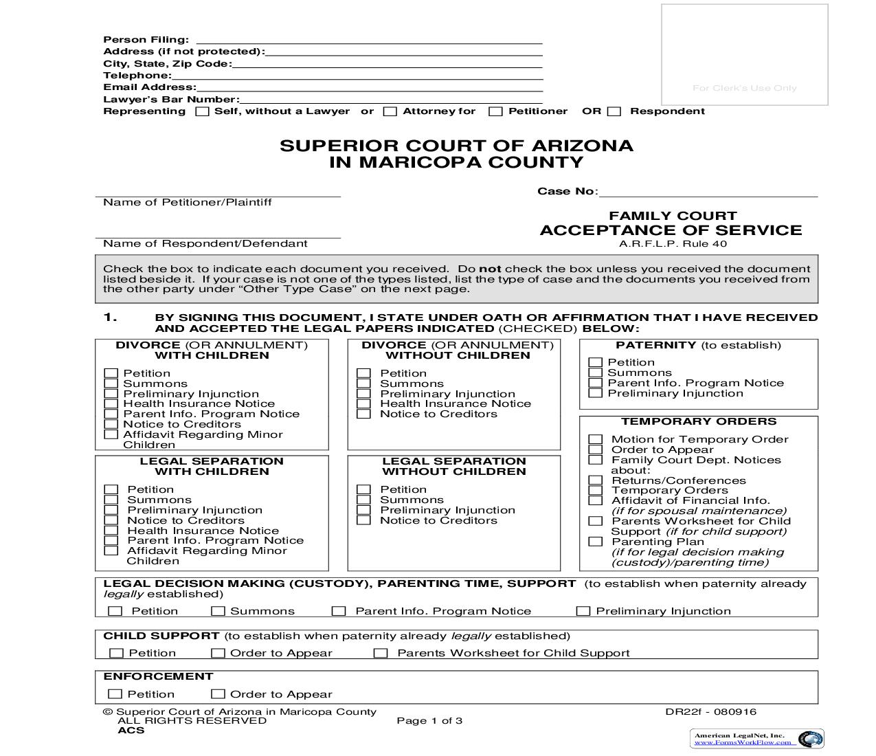 Acceptance Of Service {DR22f} | Pdf Fpdf Doc Docx | Arizona