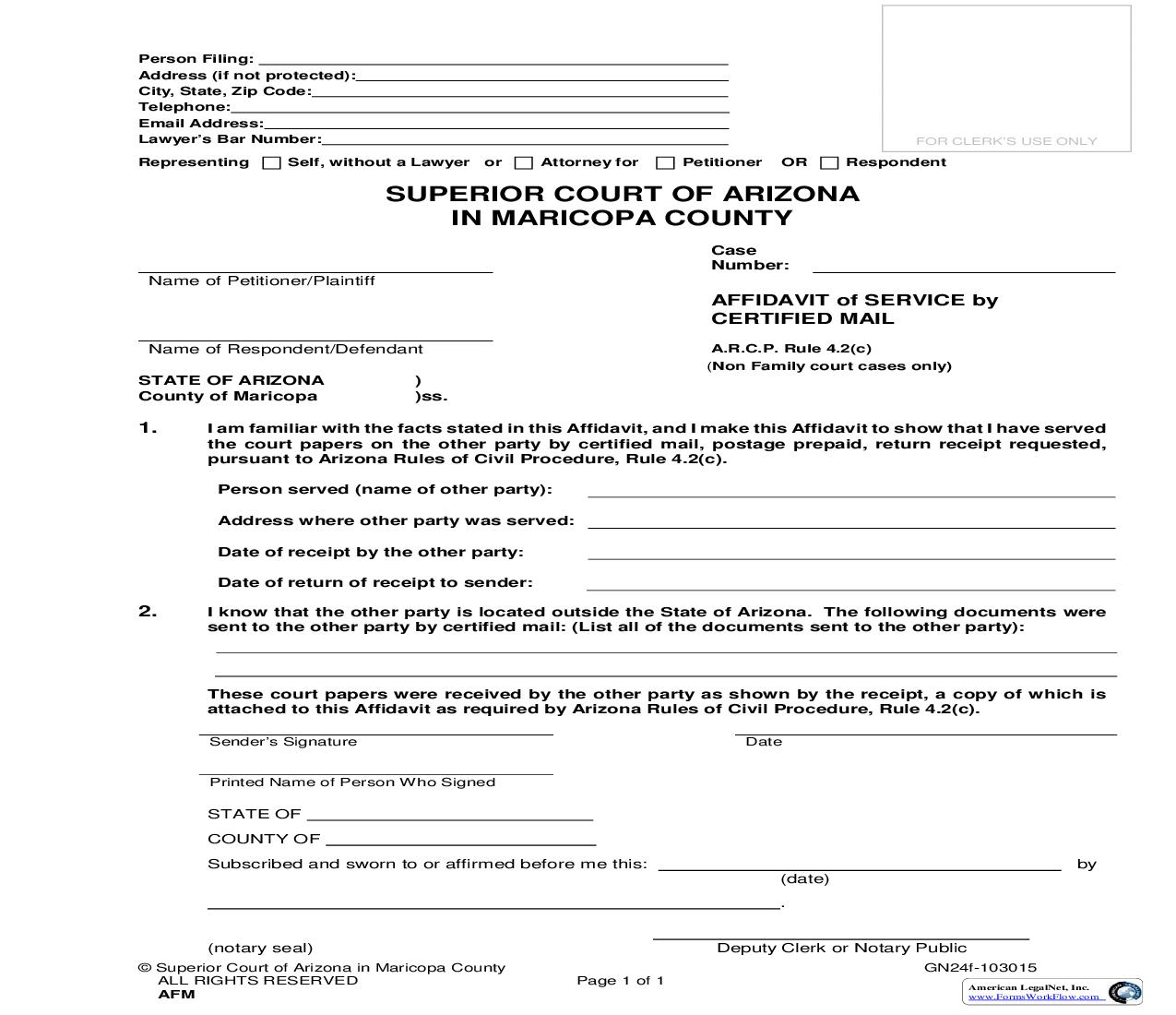 Affidavit Of Service By Certified Mail {GN24f} | Pdf Fpdf Doc Docx | Arizona