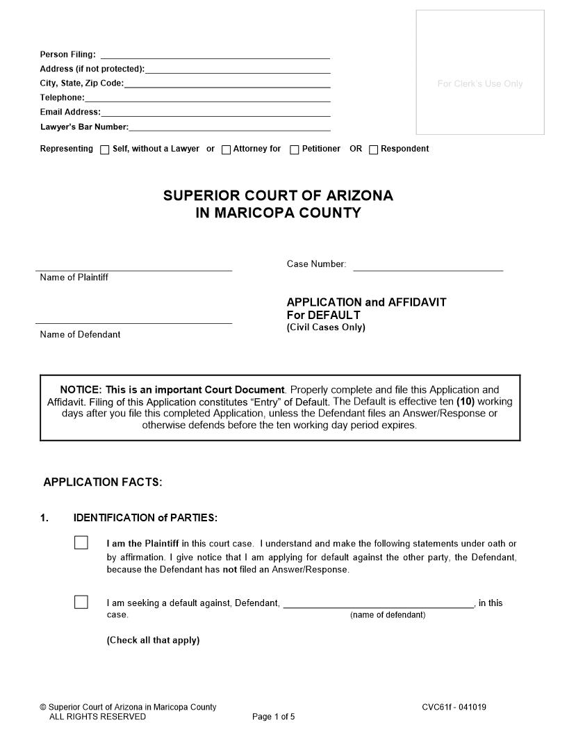 Application And Affidavit For Default Civil Cases Only | Pdf Fpdf Docx | Arizona