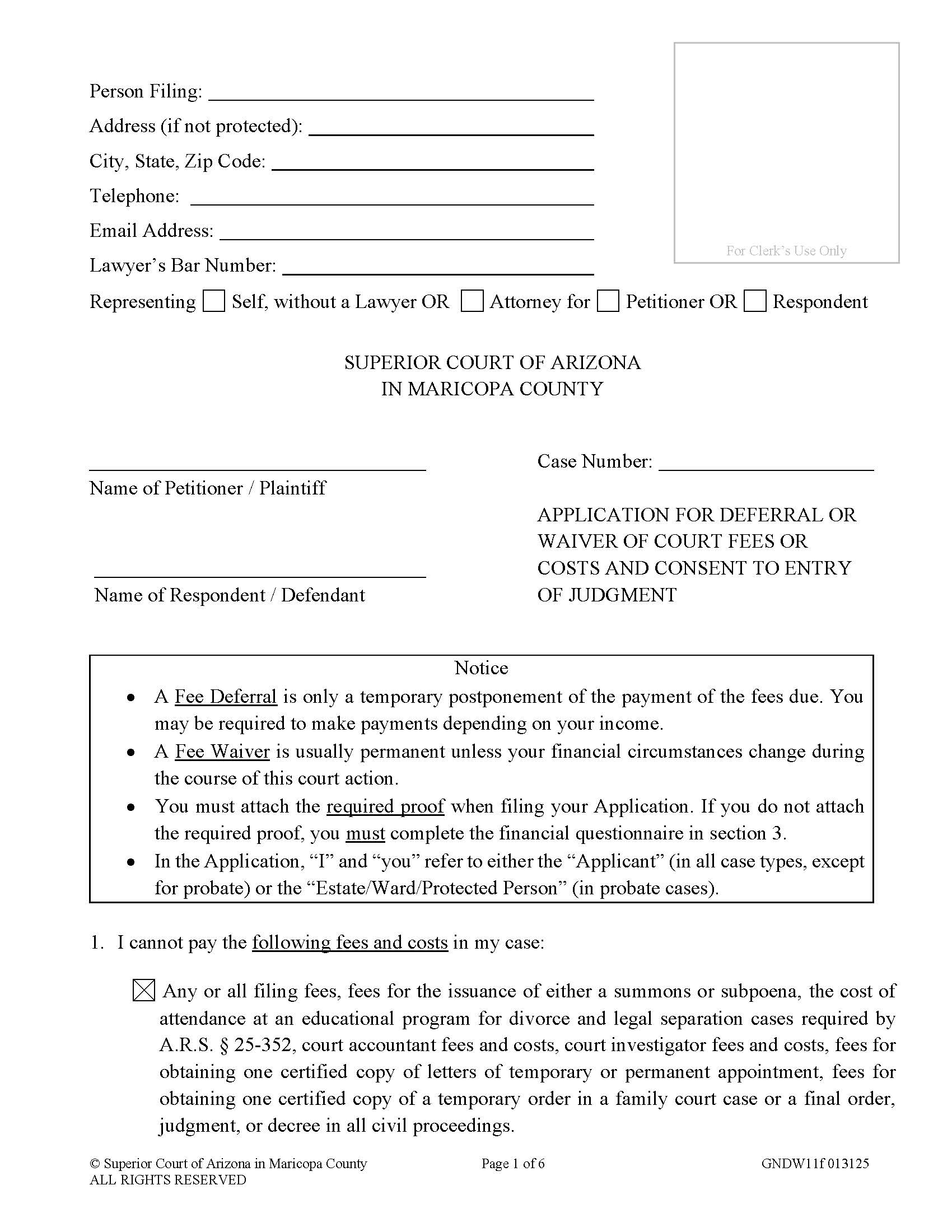 Application For Deferral Or Waiver Of Court Fees Or Costs And Consent To Entry Of Judgment {GNDW11f} | Pdf Fpdf Doc Docx | Arizona