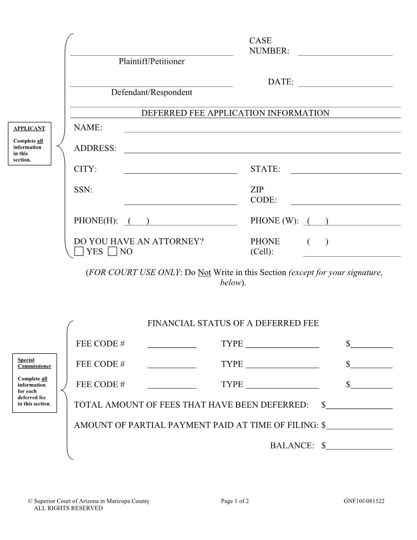 Deferred Fee Application Information {GNF10f} | Pdf Fpdf Doc Docx | Arizona