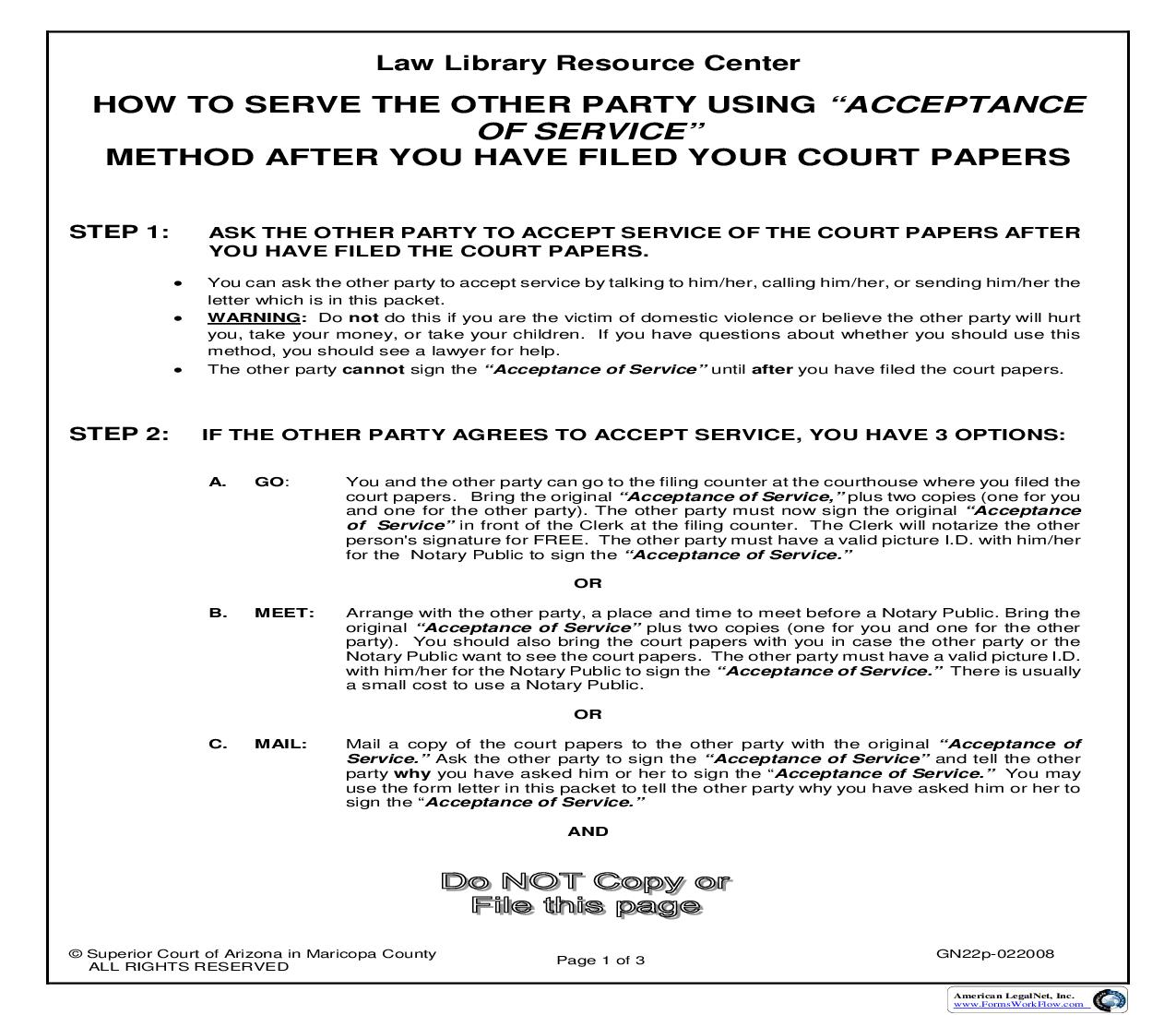 Letter Re Acceptance Of Court Papers (Service By Acceptance Of Service Method After Filing Of Court Papers) {GN22p} | Pdf Fpdf Doc Docx | Arizona