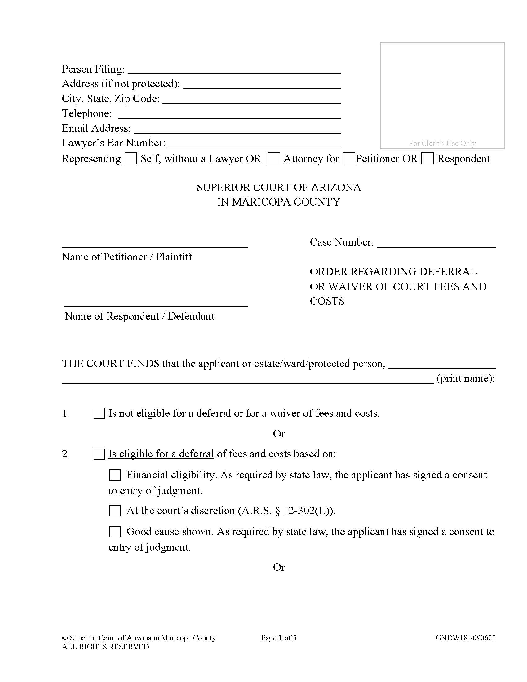 Order Regarding Deferral Or Waiver Of Court Fees And Costs {GNDW18f} | Pdf Fpdf Doc Docx | Arizona