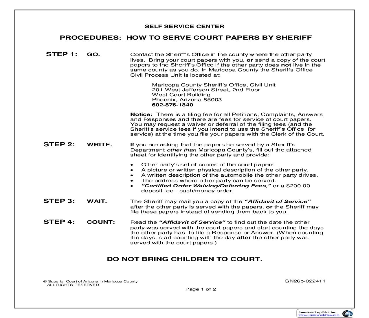 Sheet For Identifying Party To Be Served (Service Of Court Papers By Sheriff) {GN26p} | Pdf Fpdf Doc Docx | Arizona