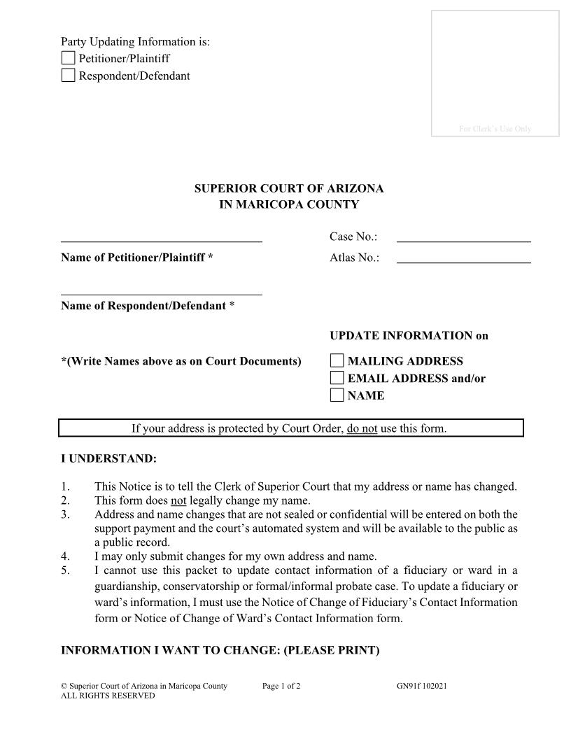 Update Information On Address And Or Name {GN91f} | Pdf Fpdf Doc Docx | Arizona