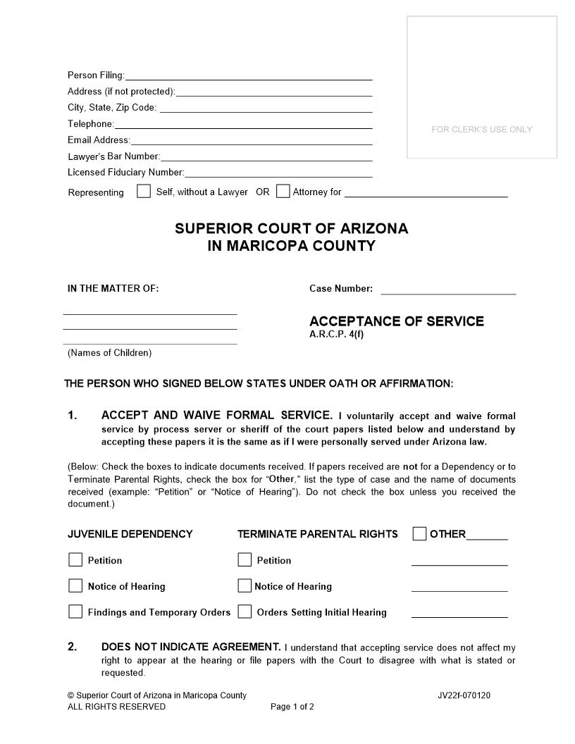 Acceptance Of Service {JV22f} | Pdf Fpdf Doc Docx | Arizona