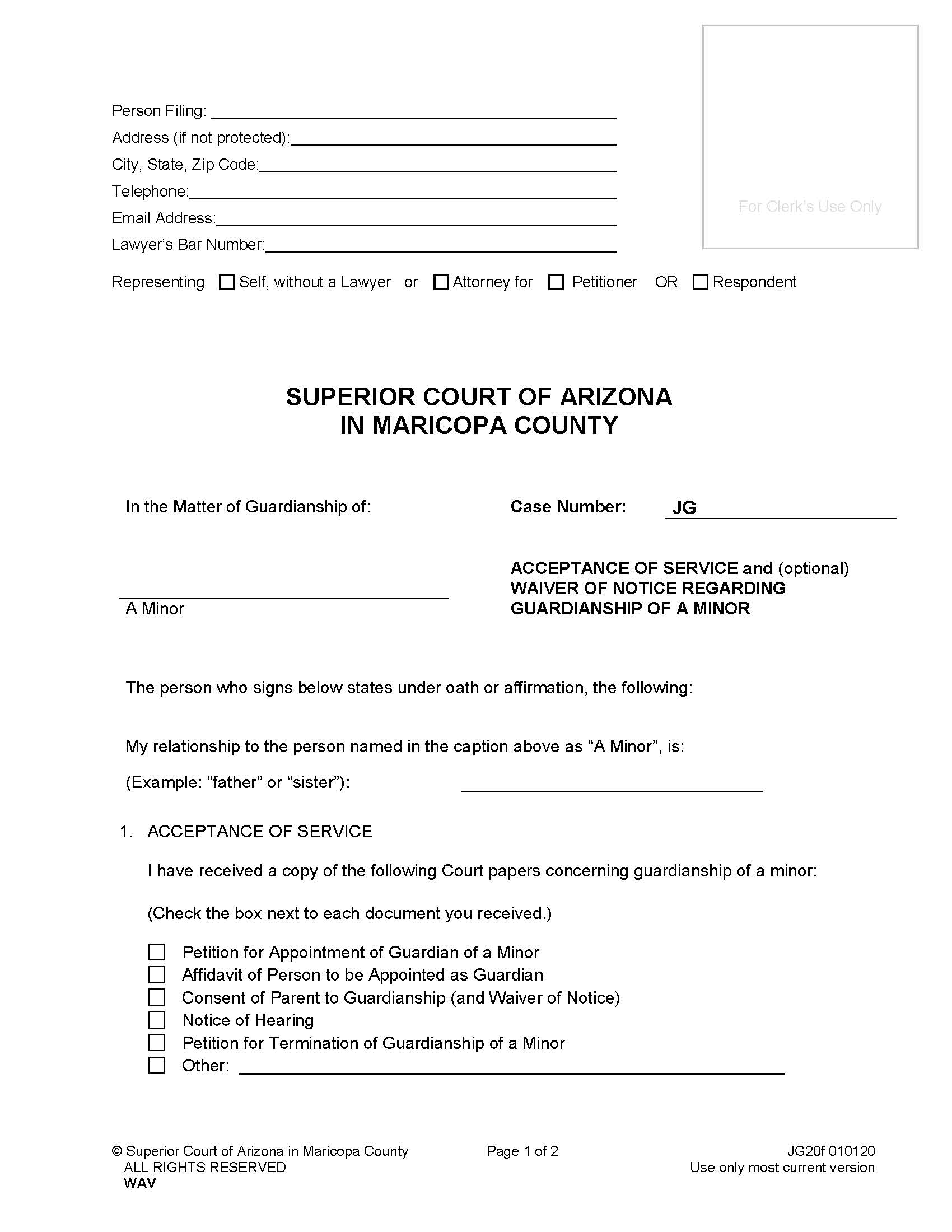 Acceptance Of Service And Waiver Of Notice Regarding Permanent Guardianship Of Minor {JG20f} | Pdf Fpdf Doc Docx | Arizona
