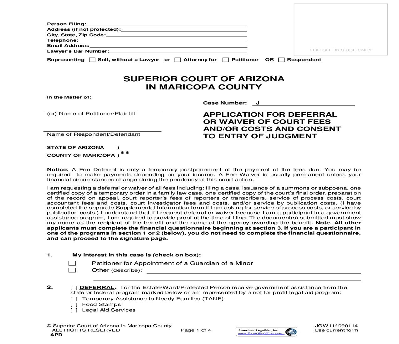 Application For Deferral Of Court Fees And Or Costs And Consent To Entry Of Judgment {JGW11f} | Pdf Fpdf Doc Docx | Arizona