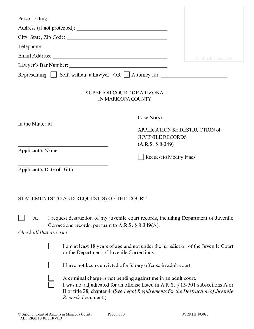Application For Destruction Of Records {JVRR13f} | Pdf Fpdf Docx | Arizona