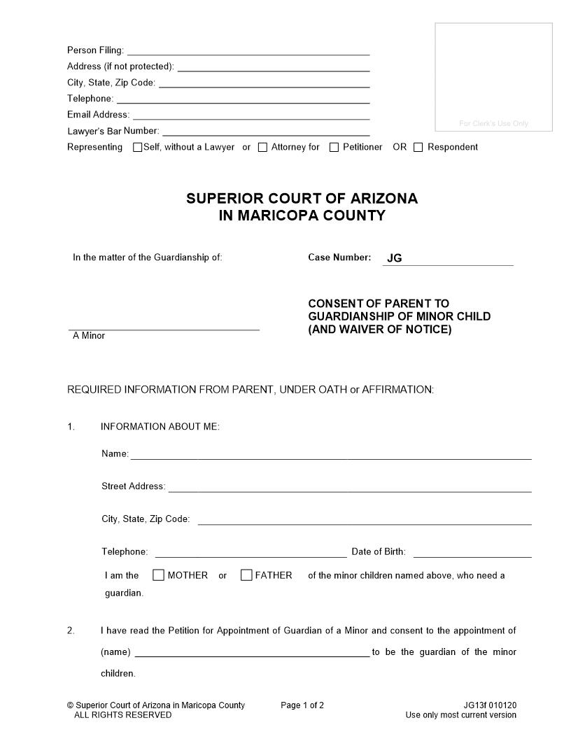 Consent Of Parent To Guardianship Of Minor Child And Waiver Of Notice {JG13f} | Pdf Fpdf Doc Docx | Arizona