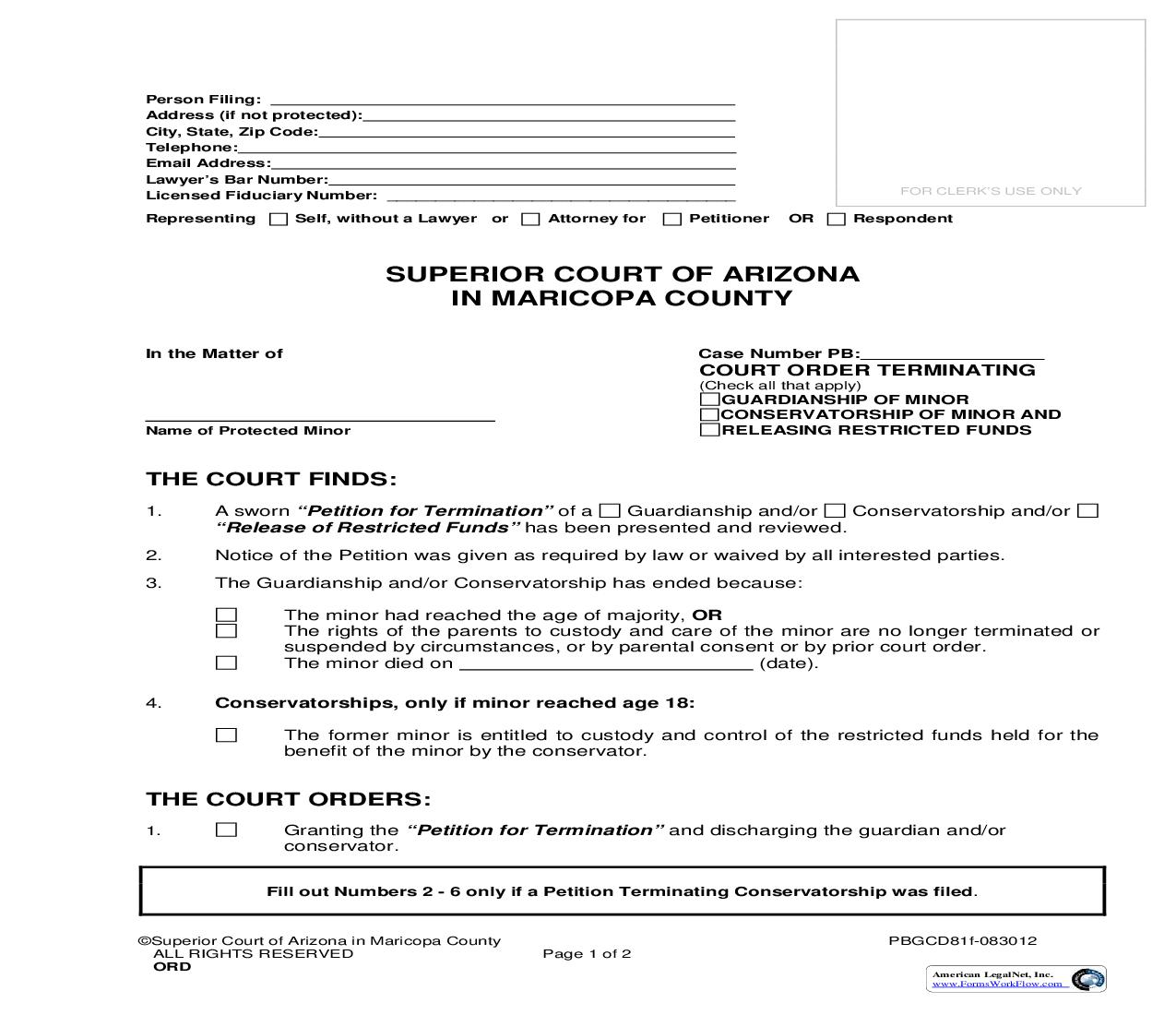 Court Order Terminating Guardianship Conservatorship Releasing Restricted Funds Of A Minor {PBGCD81f} | Pdf Fpdf Doc Docx | Arizona