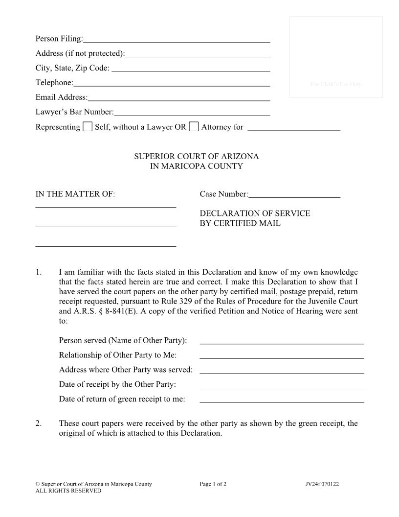 Declaration Of Service By Certified Mail {JV24f} | Pdf Fpdf Doc Docx | Arizona