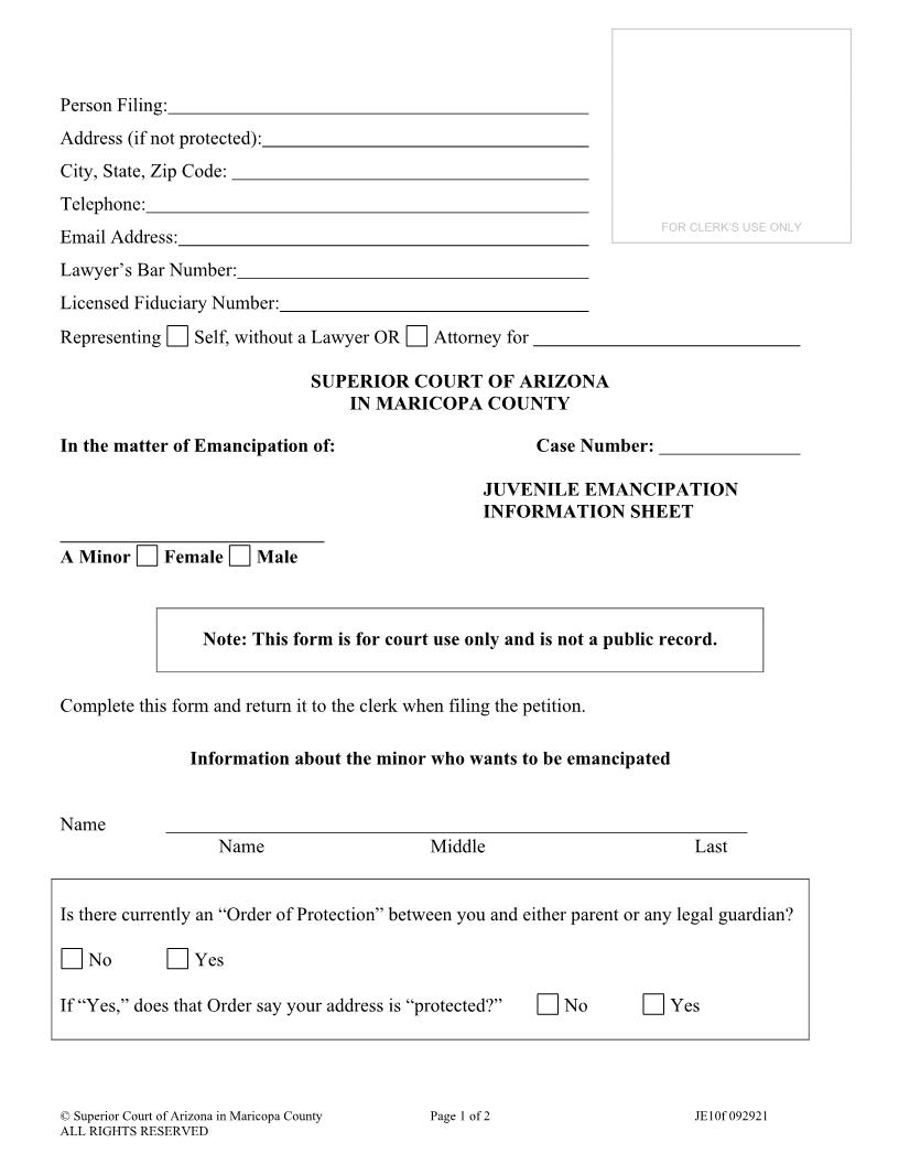 Juvenile Emancipation Information Sheet {JE10f} | Pdf Fpdf Doc Docx | Arizona